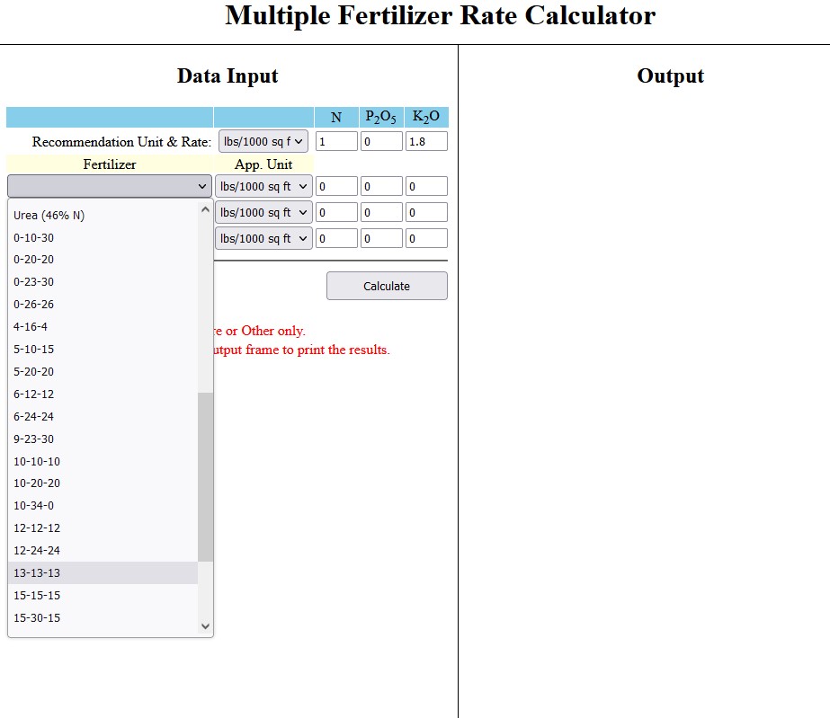 Screenshot of multiple fertilizer rate calculator.
